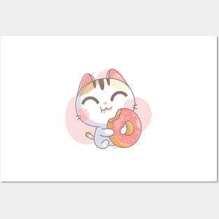 Kitten character eating a donut Posters and Art